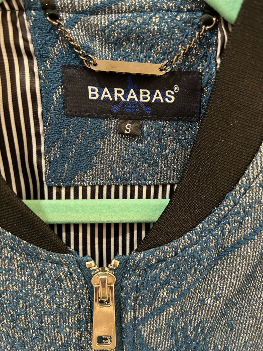 BARABAS Metallic Blue & Silver Floral Jacquard Bomber Zip Up Jacket - Size Small - Picture 4 of 12